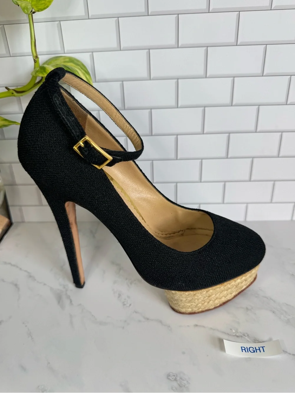 Charlotte Olympia Black Ankle-Strap Platforms Heels Pumps. Linen. Size 37.5